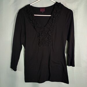 Black Ruffle V-Neck Top Women – 3/4 Sleeve Fitted Casual Dressy Blouse